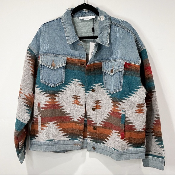Charmant Ciel Jackets & Blazers - NWT Aztec Print Loose Denim Patchwork Jacket